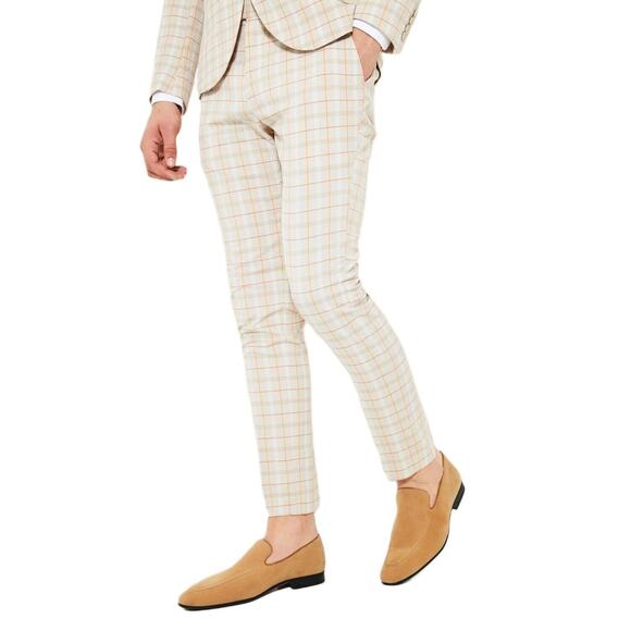 NWT Boohoo Tan Plaid Skinny Seersucker Belt Loops Dress Trousers Tailored Fitted - Picture 1 of 5